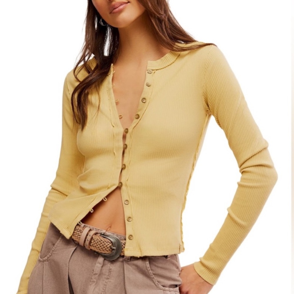 We The Free Mustard Button-Down Ribbed Top
